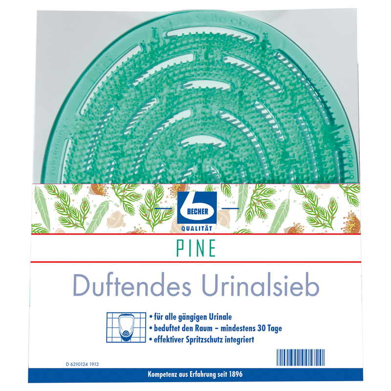 A product packaging for "Dr. Becher Fragrant Urinal Screen" by Dr. Becher GmbH, a urinal screen scented with green pine wood. The label includes details such as compatibility with all urinal types.