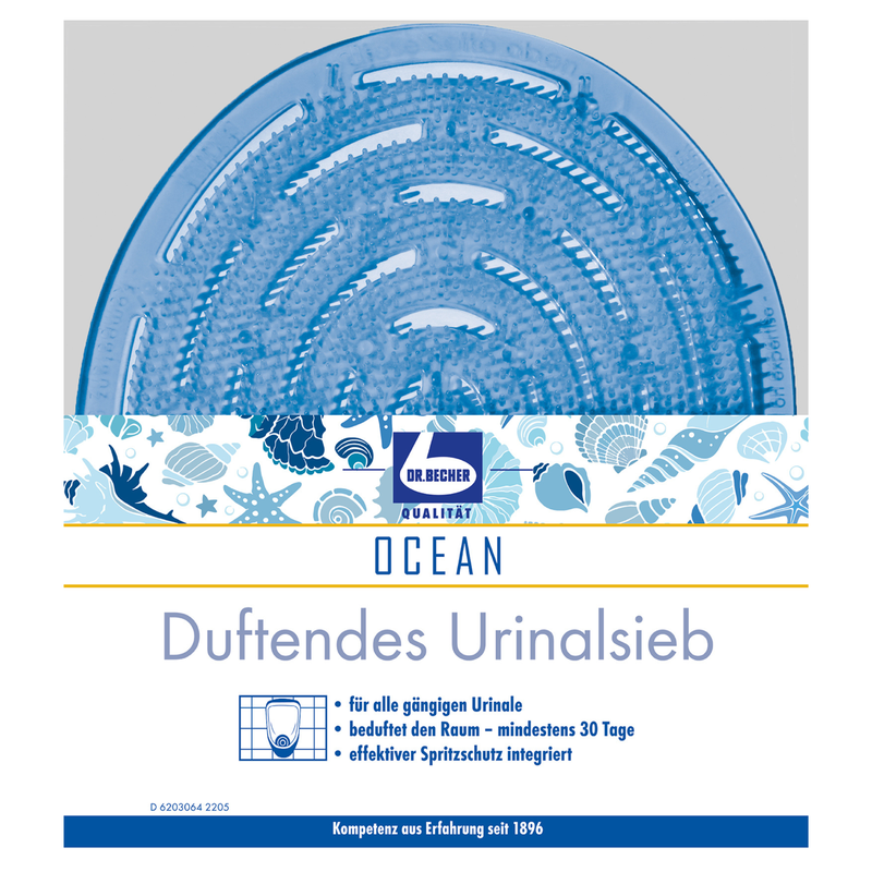 A round, blue Dr. Becher Fragrant Urinal Screen with a marine theme, fish and wave pattern, the inscription "Ocean" and a German text praising effectiveness for 30 days. The logo "Dr. Becher GmbH" is also visible on the urinal screen.