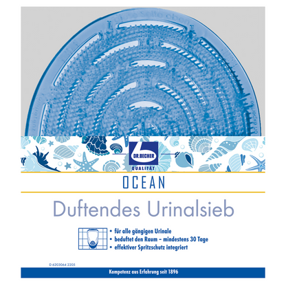 A round, blue Dr. Becher Fragrant Urinal Screen with a marine theme, fish and wave pattern, the inscription "Ocean" and a German text praising effectiveness for 30 days. The logo "Dr. Becher GmbH" is also visible on the urinal screen.