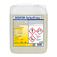 A 5-liter container Dr. Schnell Desifor-forte AF, the new surface disinfectant from DR.SCHNELL GmbH & Co. KGaA, comes with a label that contains detailed product information and safety instructions, including hazard symbols for health risks, aquatic toxicity, and flammability.