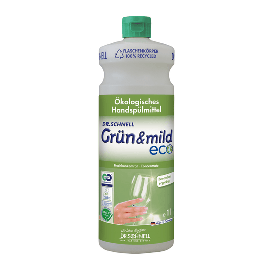 Dr. Schnell GRÜN & MILD ECO ergiebiges ökologisches Handspülmittel ist in einer weiß-grünen Kunststoffflasche erhältlich. Das Etikett zeigt eine Hand, die ein Weinglas wäscht, und einen deutschen Text, der die ökologischen Vorteile und hautfreundlichen Eigenschaften hervorhebt. Die Flasche, hergestellt von DR.SCHNELL GmbH & Co. KGaA, verfügt über einen grünen Verschluss mit HACCP-Bescheinigung.