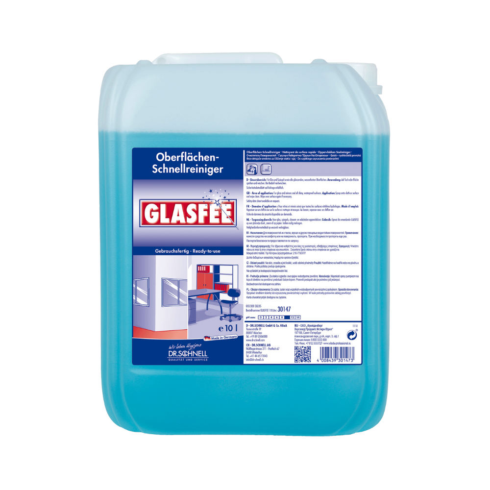 A blue 10-liter container with Dr. Schnell GlasFee glass cleaner from DR.SCHNELL GmbH & Co. KGaA, ideal for surface cleaning. The label on the front contains instructions and product details and shows an image of immaculate surfaces such as a desk and glass walls.