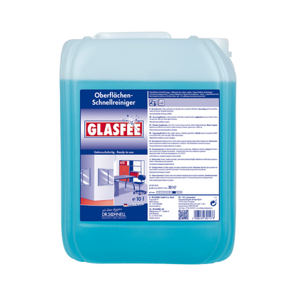 A blue 10-liter container with Dr. Schnell GlasFee glass cleaner from DR.SCHNELL GmbH & Co. KGaA, ideal for surface cleaning. The label on the front contains instructions and product details and shows an image of immaculate surfaces such as a desk and glass walls.