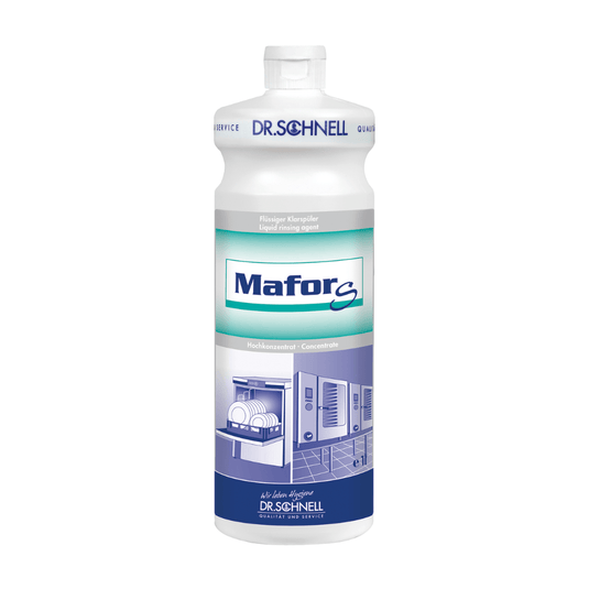 Il Dr. Schnell Il brillantante acido MAFOR S per lavastoviglie professionali è commercializzato dalla DR.SCHNELL GmbH & Co. KGaA in una bottiglia bianca, sulla quale è apposta, nella parte inferiore, un’etichetta blu-verde con l’illustrazione di una lavastoviglie. Questo prodotto altamente concentrato è certificato con il marchio ecologico dell’UE.