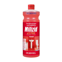 Eine 1-Liter-Flasche Dr. Schnell Milizid Citro Sanitärreiniger und Kalklöser, hergestellt von DR.SCHNELL GmbH & Co. KGaA, in rot-weißer Verpackung. Das vordere Etikett zeigt Bilder eines Waschbeckens und einer Toilette, um die Reinigungseigenschaften hervorzuheben, mit Text in deutscher Sprache.