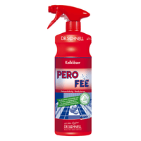 A red spray bottle labeled “Dr. Schnell “PeroFee Limescale Remover, Ready-to-Use” by DR.SCHNELL GmbH & Co. KGaA, ideal for the kitchen, features symbols indicating that the product is ready to use and suitable for acid-resistant surfaces such as sinks and tiles. The bottle has a red nozzle for easy spraying.