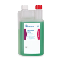 A 1-liter bottle of Dr. Schumacher DESCOTON EXTRA disinfectant from Dr. Schumacher GmbH for instrument disinfection. The bottle is partially filled with a green liquid and has two caps: a white one on the left for pouring and a red one on the right. The label contains detailed product information and instructions for use.