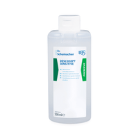 A 500-ml bottle of Dr. Schumacher Descosept Sensitive Rapid Disinfectant by Dr. Schumacher GmbH, designed for the disinfection of medical products. The clear bottle features a white label with the product name and instructions for use in several languages, including English, German, and French, as well as a green “Preserve” label on the side.