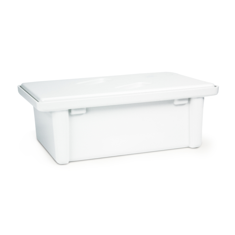 The Dr. Schumacher instrument tray from Dr. Schumacher GmbH is a white, rectangular storage container made of plastic with a fitted lid and short corner feet, designed for disinfecting medical instruments. Pictured on a solid white background.