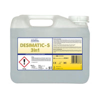 Un bidon en plastique de 5 litres Dr. Schnell DESIMATIC-S 3 en 1 : produit de rinçage, nettoyant et détartrant pour les machines de la société DR.SCHNELL GmbH & Co. KGaA, muni d'une poignée, d'un bouchon à vis, d'un symbole de danger et d'une étiquette d'information sur le produit en allemand, destiné à un usage professionnel.