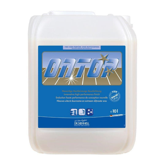 The DR.SCHNELL ONTOP Floor Coating 10-liter canister is a white plastic container with a blue label, a screw-on cap, and a note indicating its long shelf life. Ideal for environmentally friendly floor care from DR.SCHNELL GmbH & Co. KGaA.