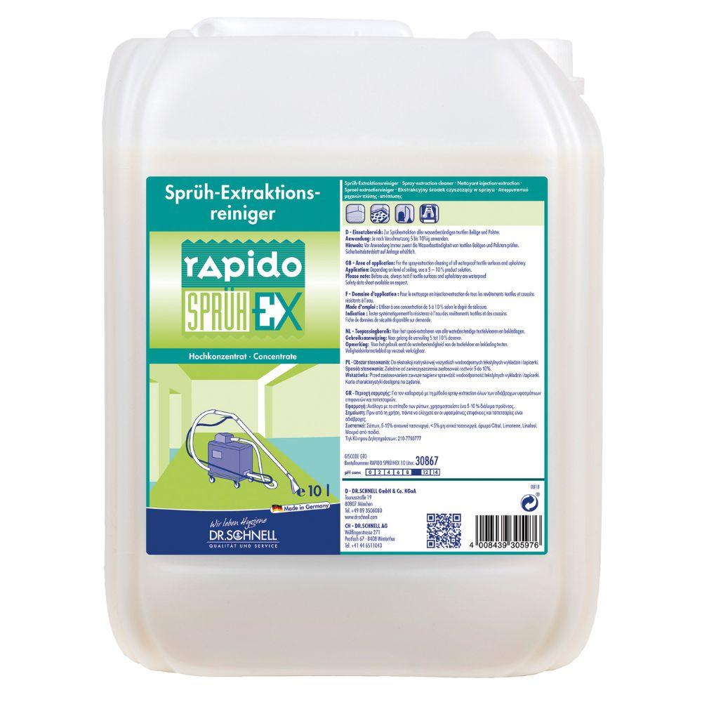 A white 10-liter plastic container with handle and screw cap of Dr. Schnell RAPIDO SPRÜH-EX for carpets and upholstery by DR.SCHNELL GmbH & Co. KGaA, with a German label with instructions for use.