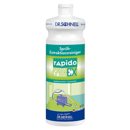 A 1-liter bottle Dr. Schnell RAPIDO SPRÜH-EX for carpets and upholstery by DR.SCHNELL GmbH & Co. KGaA, with a white cap, green label with instructions for use, and blue graphic of a spray extraction cleaning machine.