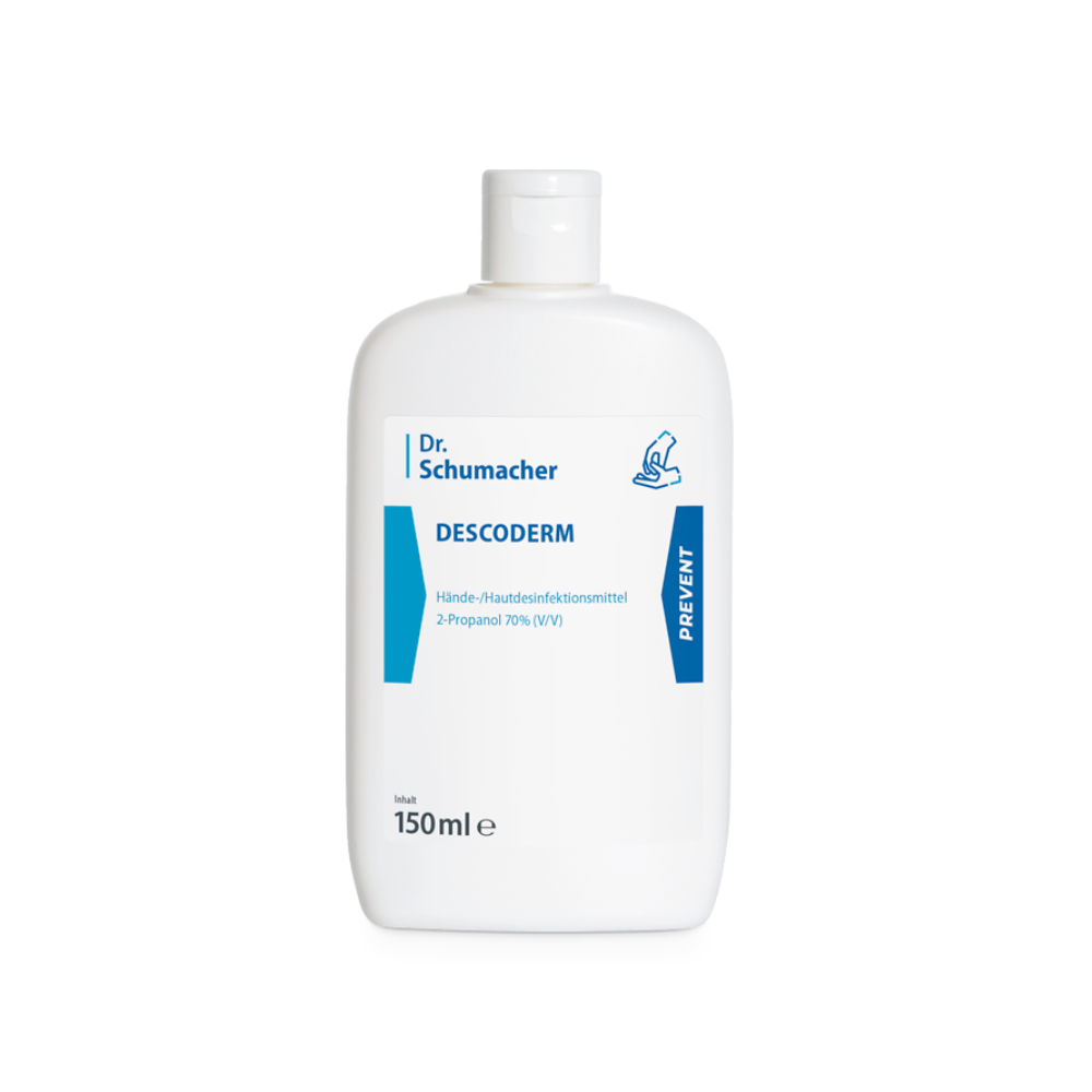 A 150 ml white bottle of Dr. Schumacher Descoderm skin disinfection, a fragrance-free disinfectant for hand and skin disinfection with 70% v/v 2-propanol, features a blue label with the text "PREVENT".