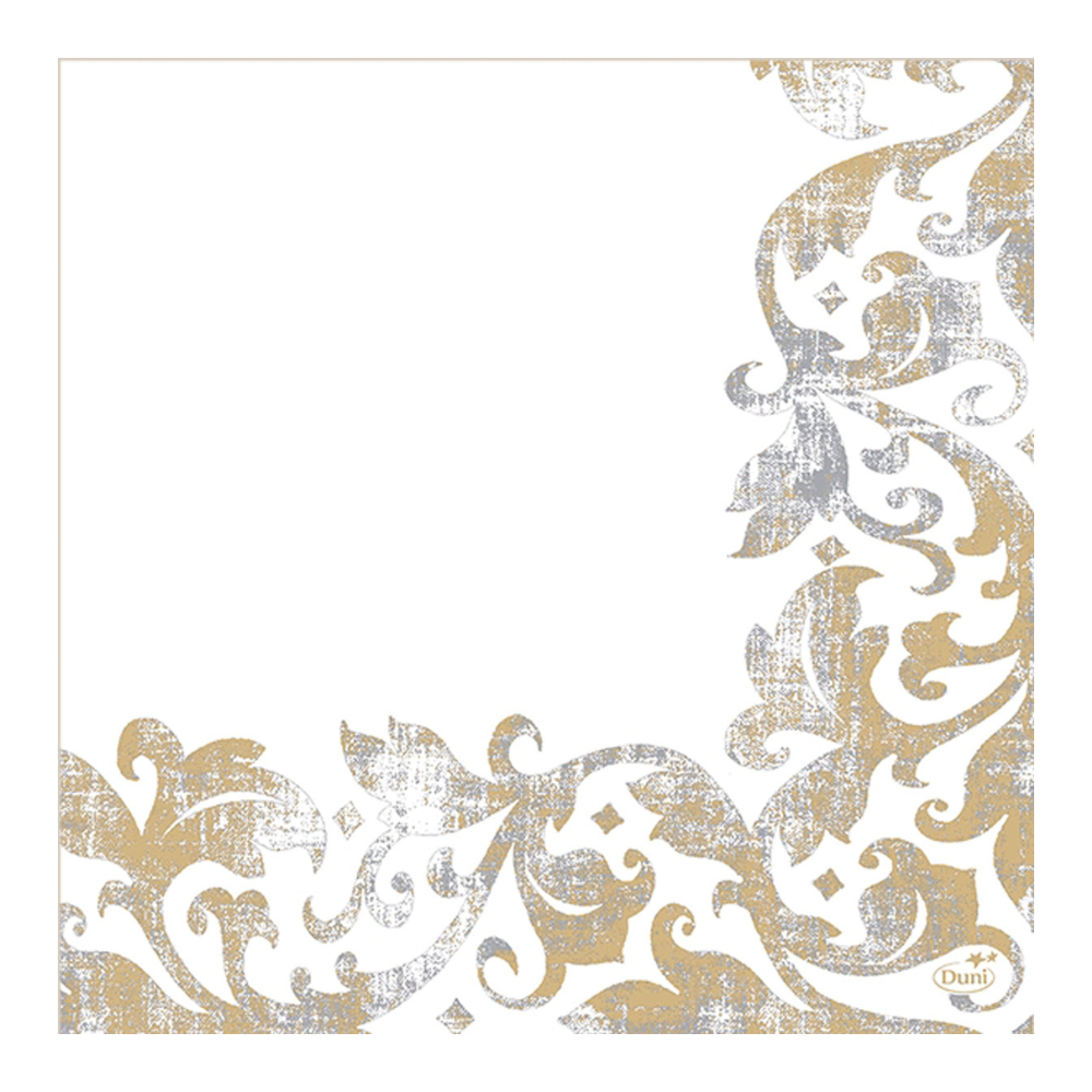 Ein gold- und silberfarbenes Blumenmuster ziert elegant die untere rechte Seite der Duni GmbH Festiva White Dunisoft®-Serviette, 40 x 40 cm. Das aufwendige Blatt- und Wirbeldesign wertet den leeren Raum auf, während ein dezentes Logo seine Präsenz unterstreicht. Packung enthält 60 Servietten.