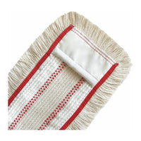 A close-up of the rectangular Arcora QUATTRO MOP from Arcora International GmbH, featuring beige fringes and a red border for efficient floor cleaning.