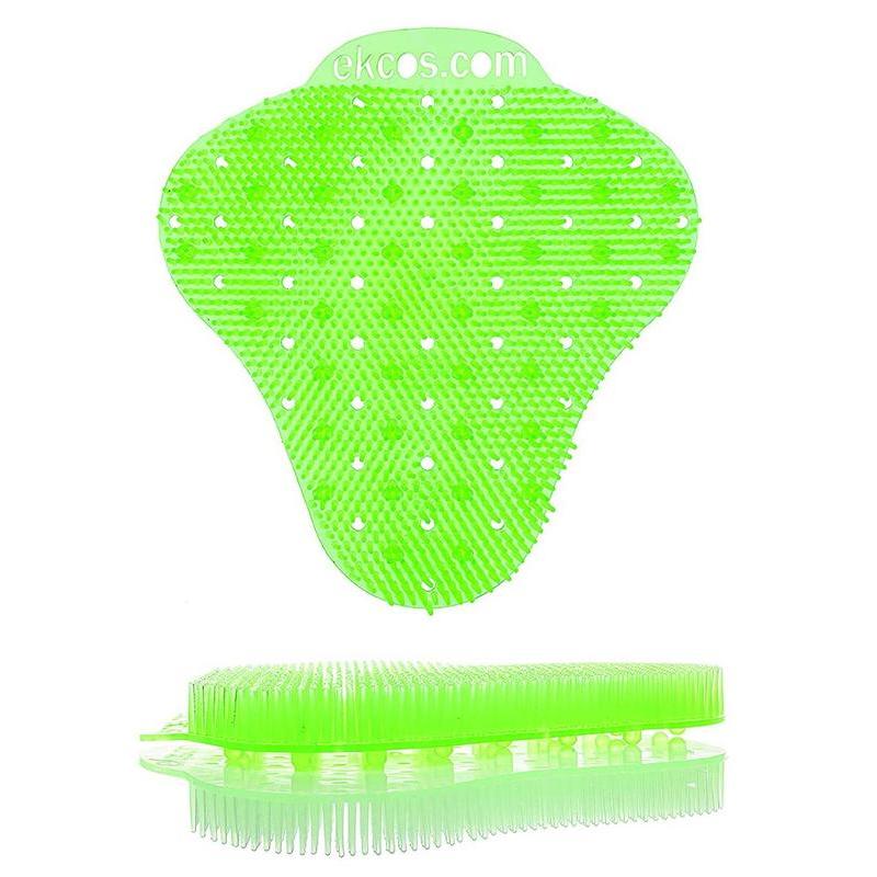 Die leuchtend grüne Ekcos Ekcoscreen Urinalmatte - 60+ Tage von Diversey Deutschland GmbH & Co. OHG verfügt über Borsten, gleichmäßig verteilte Löcher für eine hygienische Reinigung und den Schriftzug "ekcos.com" auf der Oberseite. Abgebildet in Vorder- und Seitenansicht.