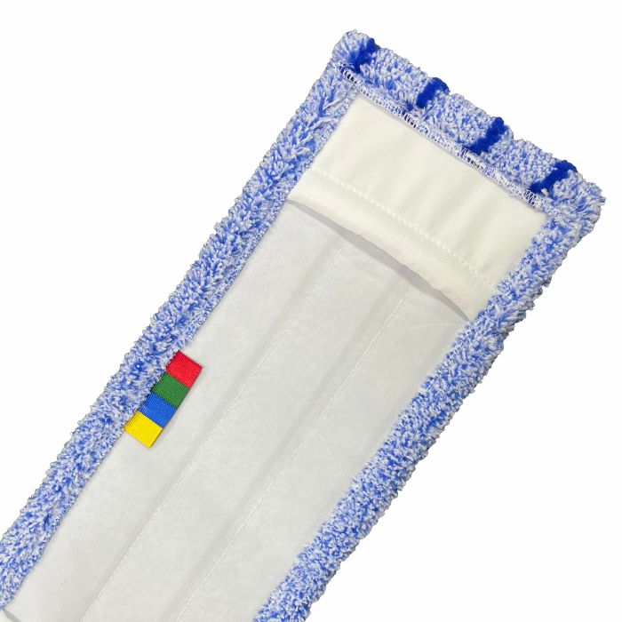 Der Arcora RUNNER BLUE DB - FC MIT DECKBLATT von Arcora International GmbH verfügt über einen rechteckigen blau-weißen Mikrofasermoppkopf mit weißer Mitte und vier farbigen Anhängern - ideal für die Reinigung von blauen Läufern oder anderen Innenlaufern.