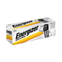 Une boîte de piles alcalines Energizer, type C/Baby, 1,5 V | Paquet (12 pièces) de la société Energizer Deutschland GmbH. L'emballage, de couleur blanche, jaune et grise, arbore clairement le logo Energizer ainsi que l'illustration d'une pile. La boîte contient 12 piles alcalines Energizer C/Baby de 1,5 V et garantit une autonomie prolongée à vos appareils.