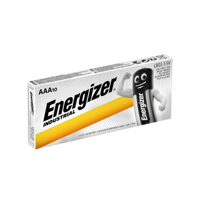 Pictured is a rectangular pack of Energizer Industrial Alkaline EN92 LR03 AAA Micro | Pack (10 pieces) by Energizer Deutschland GmbH. The white box with yellow and black accents contains 10 batteries. On the front are the Energizer logo and an image of a battery figure with arms. Each battery provides 1.5 volts of power.