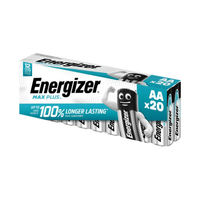 Nella foto è raffigurata una confezione da 20 batterie Energizer Max Plus Mignon AA prodotta da Energizer Deutschland GmbH. La confezione pubblicizza una «durata maggiore del 100%» e una durata di conservazione di 12 anni. Il marchio «Energizer Max Plus» è ben visibile, insieme all’immagine di una batteria con le braccia, che sottolinea la lunga durata e l’affidabilità del prodotto.