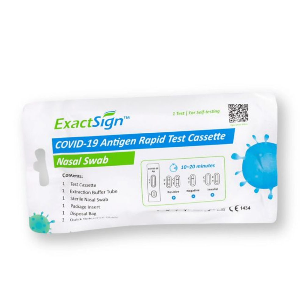 ExactSign test rapido antigenico Covid-19 (test per laici), confezione morbida: kit di autotest con tampone nasale, lista dei contenuti, tempo di risultato 10-20 minuti e guida all'interpretazione per risultati positivi/negativi/invalidi. Ideale per il rapido test SARS-CoV-2 a casa.