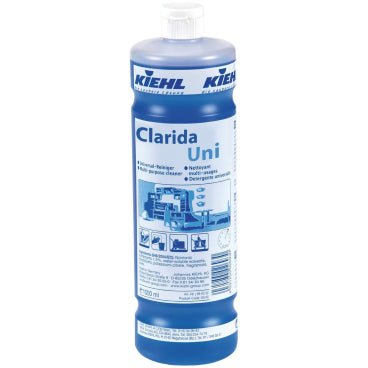 Una bottiglia blu da 1L di Kiehl Clarida Uni Unterhaltsreiniger 6x1L - Efficace e delicato sui materiali della Johannes Kiehl KG, un detergente universale neutro, con tappo bianco ed etichetta con informazioni sul prodotto e istruzioni per la pulizia.