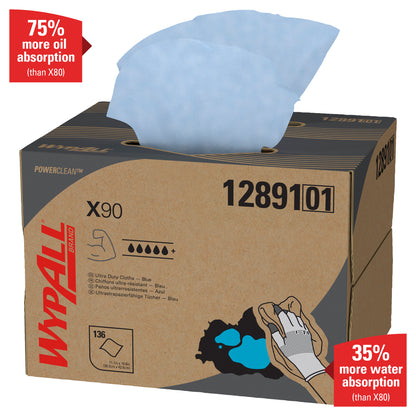 Das WypAll® X90 PowerClean - BRAG™ Box/Blau (1 Box x 136 Blatt) von Kimberly-Clark GmbH absorbiert 75 % mehr Öl und 35 % mehr Wasser als X80 - Ihre Top-Lösung für starke Verschmutzungen.