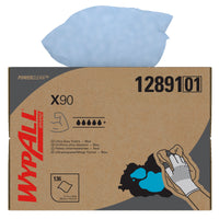 A box of Kimberly-Clark GmbH WypAll® X90 PowerClean Ultra Duty Cloths in blue (BRAG™ Box, 136 sheets) featuring a hand wiping up a spill. A folded cloth is partially pulled out—ideal for all your cleaning needs.