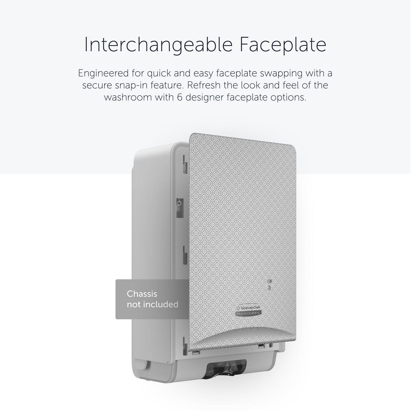 Die Kimberly-Clark Professional™ Icon™ Dispenser Faceplate - eSkinCare (20,32 x 27,30 x 3,81 cm) von Kimberly-Clark GmbH wird an der Wand montiert gezeigt; Etikettenhinweise sind nicht im Lieferumfang enthalten. Einfach austauschbare Frontplatte - ein wichtiges Waschraumzubehör.