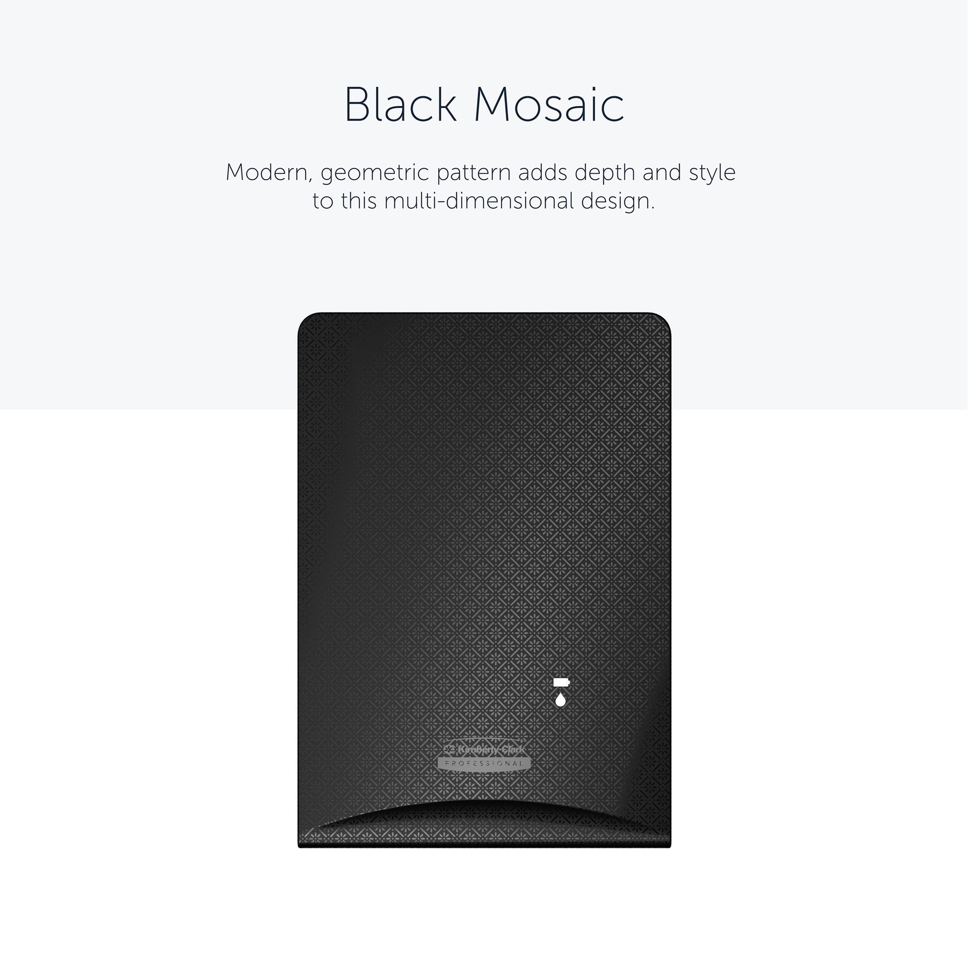 Die Kimberly-Clark Professional™ Icon™ Dispenser Faceplate, Black Mosaic, von Kimberly-Clark GmbH zeichnet sich durch ein modernes geometrisches Mosaikdesign aus, das jedem Waschraum Tiefe verleiht. Größe: 20,32 cm x 27,30 cm x 3,81 cm.