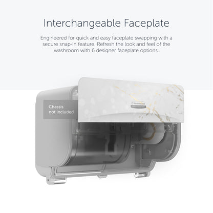 Eine Kimberly-Clark GmbH Icon™ Dispenser Faceplate-SRBH in einem Marmormuster ist teilweise transparent abgebildet und hebt das haltbare, austauschbare Snap-in-Design hervor (32,39x10,80x3,18 cm). Chassis nicht enthalten.