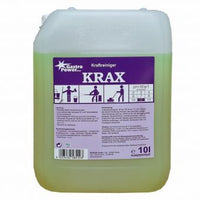 Ein durchsichtiger 10-Liter-Behälter mit der Aufschrift "GastroPower Krax" der Abena Re-Seller GmbH, mit einem lila Etikett mit Hinweisen und Sicherheitssymbolen. Die gelb-grüne Flüssigkeit ist ideal als Fettentferner und Reinigungsmittel für professionelle Küchen.
