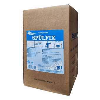 Eine braune Pappschachtel mit der Aufschrift "GastroPower Spülfix" der Abena Re-Seller GmbH enthält 10 x 1-Liter-Packungen Handgeschirrspülmittel mit blau-weißer Aufschrift und einer Gebrauchsanweisung für die Großküche.