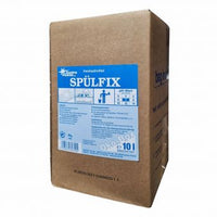 A brown cardboard box labeled "GastroPower Spülfix" from Abena Re-Seller GmbH contains 10 one-liter packages of hand dishwashing detergent with blue-and-white lettering and instructions for use in commercial kitchens.