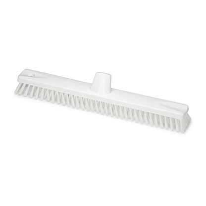 The Nölle Profi Brush HACCP large area sweeper 45 cm from Nölle Profi Brush Bürsten- & Pinseltechnik e.K. is a durable white scrubbing brush with densely packed bristles and a central hole for handle attachment, perfect for cleaning large areas.
