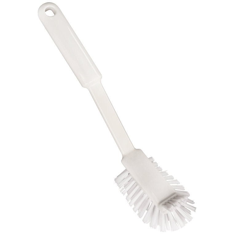 The THE GENTLE SCRUB BRUSH from Haug Bürsten KG is a white Nylon 6.6 dish brush (ø 0.40mm, medium) with a long handle and hanging hole, ideal for gentle cleaning. Size: 275x60x20 mm.