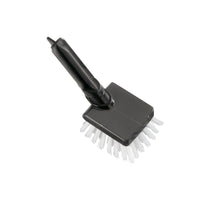 A black hand-cleaning brush from Haug Bürsten KG with a rectangular REPLACEMENT HEAD, SQUARE, ITEM NO. 15090/15190/15390, featuring stiff white PBT bristles, ø0.35MM, pictured against a plain white background.