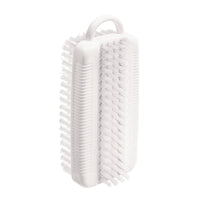 La brosse à ongles double, NYL.6.6 BLANCHE, ø 0,35 mm, moyenne/dure, de Haug Bürsten La KG est une brosse à ongles rectangulaire blanche dotée de poils en nylon 6.6 de dureté moyenne des deux côtés et d'une petite poignée sur le dessus, idéale pour nettoyer les ongles et les petites surfaces.