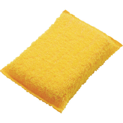 Abgebildet ist ein gelber rechteckiger ABRASIVSCHWAMM, KLEIN von Haug Bürsten KG (130x85x30mm, PP, hart) mit einer strukturierten Faserschrubboberfläche auf weißem Hintergrund.