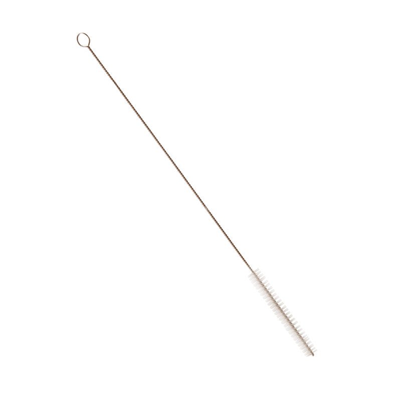 The Haug Bürsten KG TUBE BRUSH, NYL.6.0 TRANSP features stiff 0.20-mm nylon bristles, a twisted metal handle with a loop, and measures 340 x Ø12 mm - perfect for cleaning tubes.