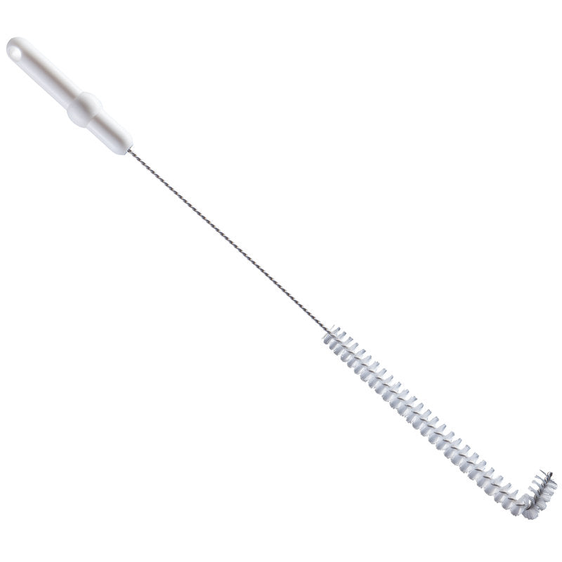 The Haug Bürsten KG PIPE BRUSH L-SHAPE PBT TRANSP. (Ø0.35MM medium, 570xØ20x55MM) has a long handle and stiff, end-bent bristles, perfect for precise cleaning of bottles or narrow containers and other pipe cleaning tasks.