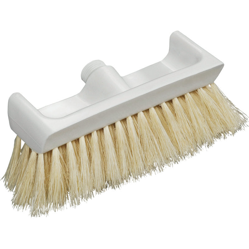 Der BACKOFENBESEN MIT SCHABEKANTE NATURFIBRE,270X100X65MM von Haug Bürsten KG ist ein weißer Kunststoffschrubbkopf mit steifen Naturfaserborsten und einer Gewindebohrung zur Stielbefestigung.