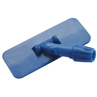 The FLOOR PAD HOLDER from the Haug Bürsten KG is a blue, rectangular PP mop head (230x95x55 mm) with a double joint and a threaded sleeve for attaching to the handle, ideal for floor cleaning; shown without pads on a white background.