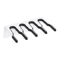 The Haug Bürsten KG PLASTIC TOOL RAIL 200X70X125 MM is a white rail with four evenly spaced black hooks for securely holding items, mounted at an angle on a flat rectangular base.