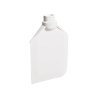 Una bottiglia di plastica bianca, piatta e rettangolare con tappo a vite è posizionata in posizione verticale su uno sfondo a tinta unita – ideale per l’uso con il Haug Bürsten Cucchiaio da cucina, morbido, in TPE, 190x120x40 mm, senza manico.