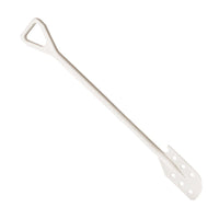 La CUILLÈRE À MÉLANGER PERFORÉE, EN PP, AVEC MANCHE 138 × 38 × 1 190 mm de Haug Bürsten KG est un fouet en polypropylène blanc doté d'un manche triangulaire et d'une lame plate perforée, un accessoire de cuisine idéal pour mélanger des liquides ou des ingrédients.