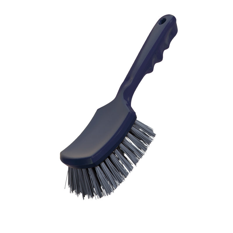 Die METDEC PREM. STIELBÜRSTE von Haug Bürsten KG verfügt über einen dunkelblauen, gebogenen Griff mit Aufhängeloch und steifen grauen PBT-Borsten mit den Maßen 260x72x35mm, isoliert auf weißem Hintergrund dargestellt.
