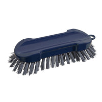 UNE BROSSE DE LAVAGE METDEC PREM. RONDE de Haug Bürsten La brosse KG, composée de poils en PBT rigides et densément serrés, de couleur grise et bleue, avec un manche en plastique (205 x 65 x 30 mm), est photographiée sur fond blanc.