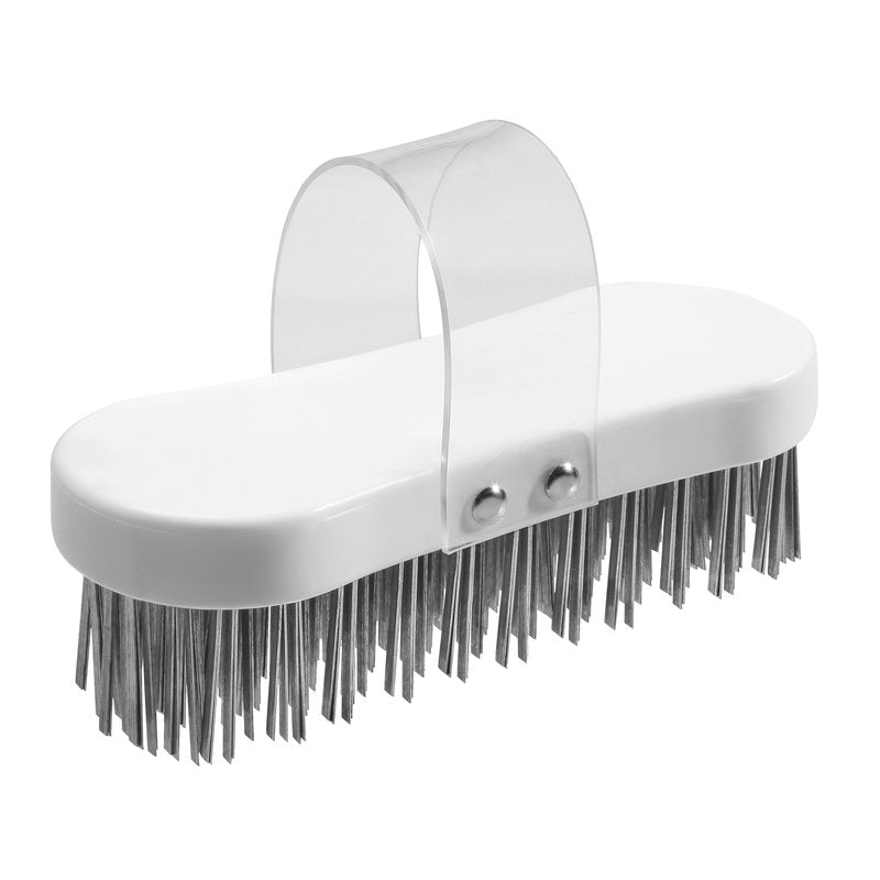 The Haug Bürsten KG Hackstock brush, flat wire thickness 3.3x0.6mm Hard185x75x37, a white oval scrubbing brush with a clear handle and stiff metal bristles for woodworking, is shown against a plain background.
